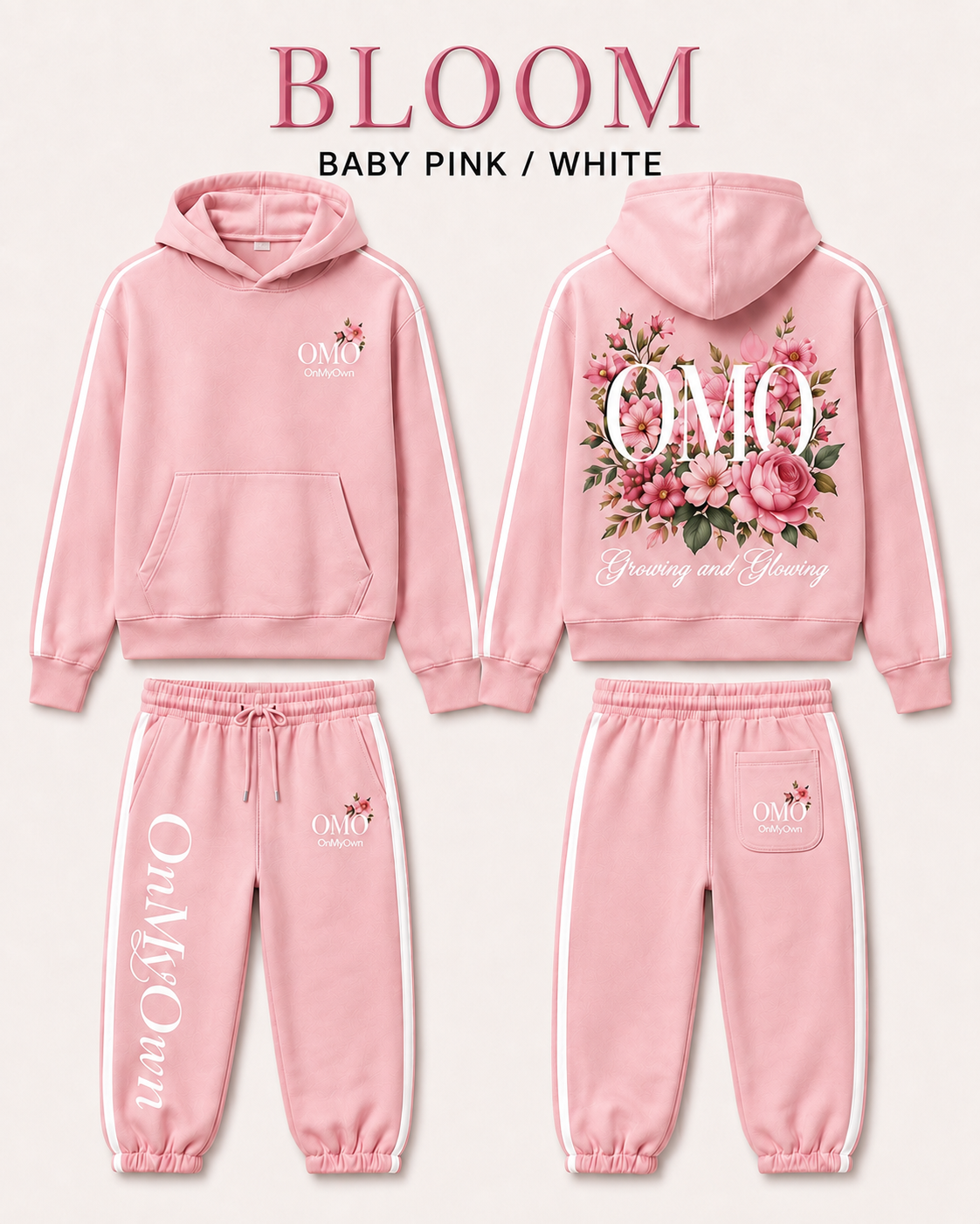 A Baby Pink and White First Edition set featuring OMO’s signature floral Bloom artwork and contrast detailing.