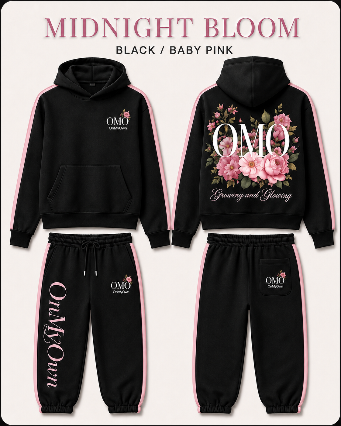A Black and Baby Pink First Edition set featuring OMO’s signature floral Bloom artwork and contrast detailing.