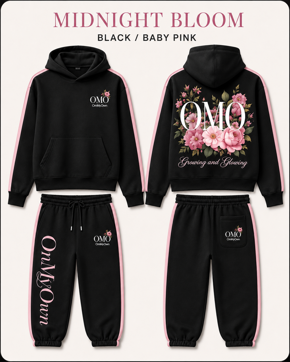 Midnight Bloom Black / Baby Pink front and back garment design