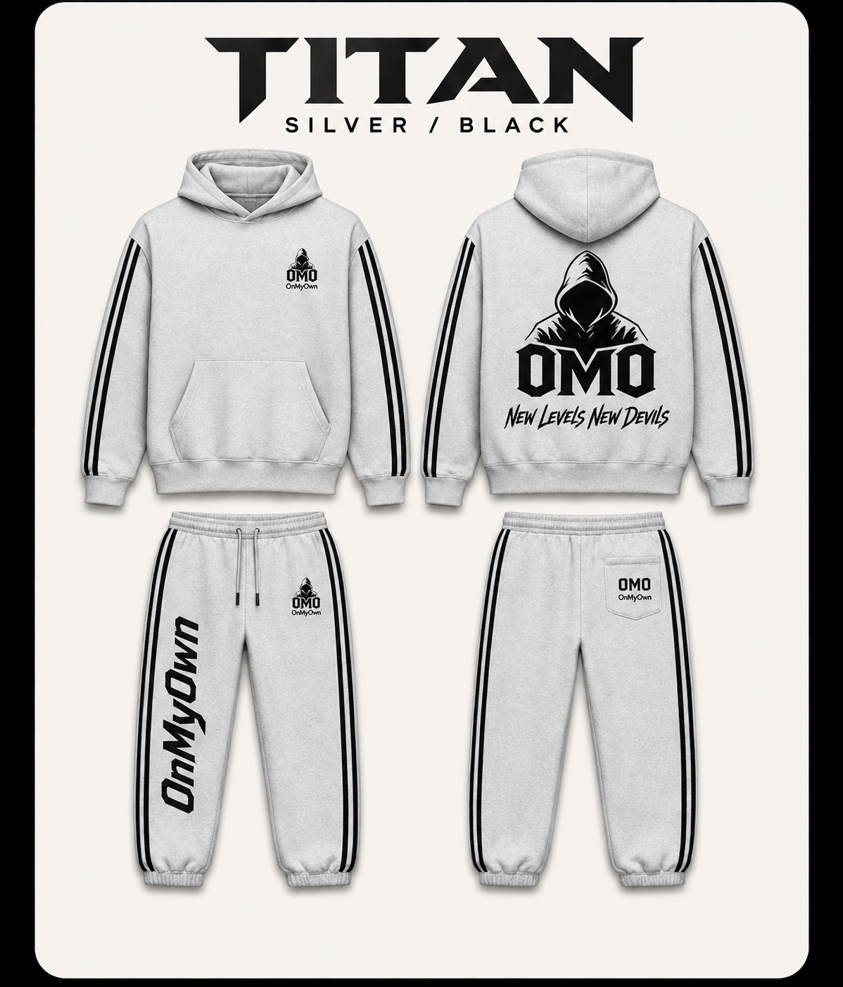 Titan in Silver / Black, using the approved V0526 men’s front-and-back garment artwork.